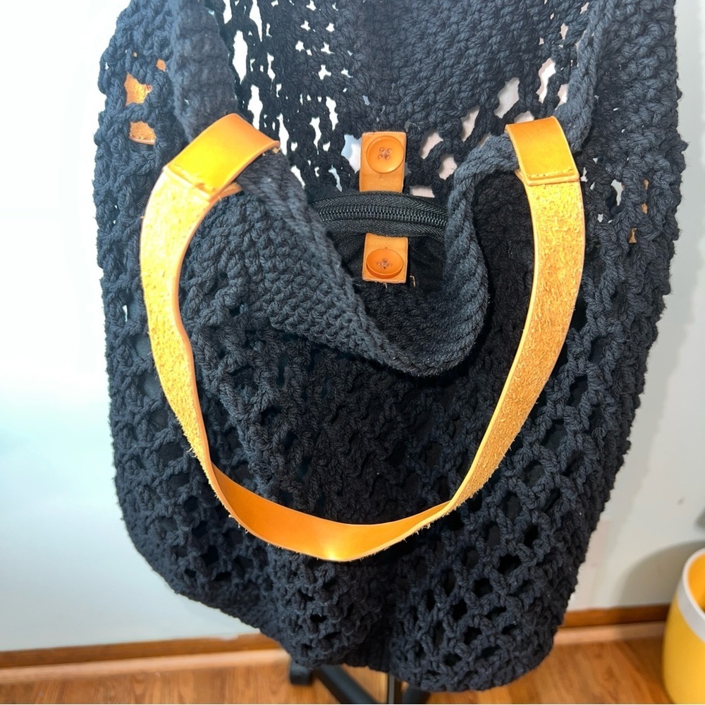 Black Crochet Tote Bag Tan Leather Strap Boho Market Beach Woven Summer Shoulder - Picture 3 of 6